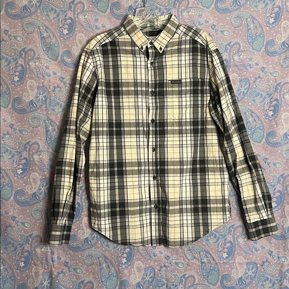 Columbia Mens Plaid Long Sleeve Button Down Shirt Grey Tan AM7968 Small